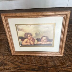 Vintage Wooden Frame Wall Art Decor Two Angels Cupid Cherubs 9.5” X 11